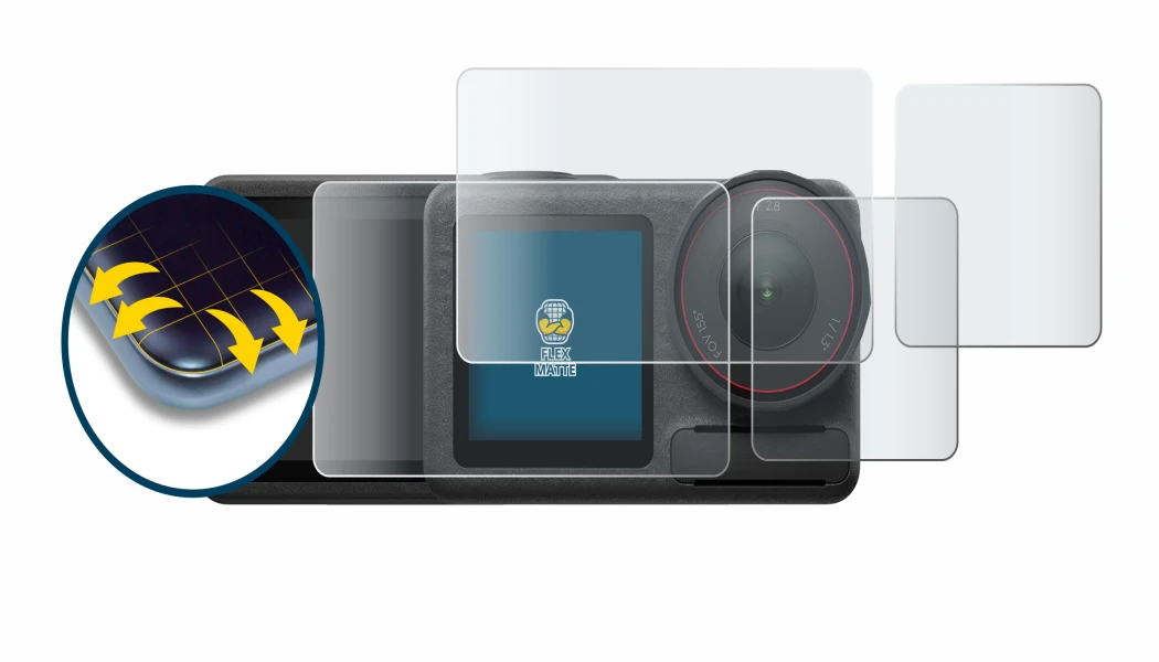 Image of the device DJI Osmo Action 5 Pro with a wide variety of screen protectors.