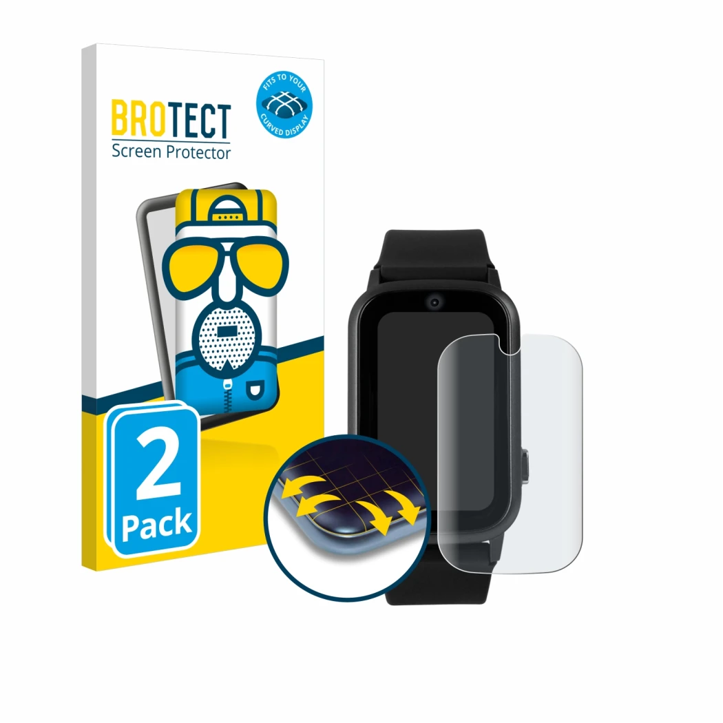 Front side of a product packaging with the brand logo BROTECT. Next to it is the device One2Track Connect UP shown with the co