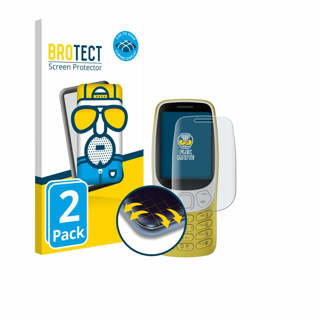 Front side of a product packaging with the brand logo BROTECT. Next to it is the device Nokia 3210 shown with the correspondin