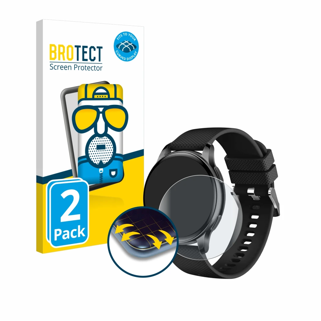 Front side of a product packaging with the brand logo BROTECT. Next to it is the device Maoo Ventura AMOLED Smartwatch 1.32