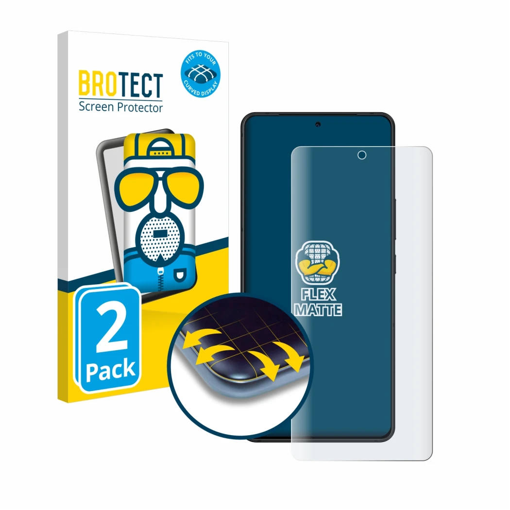 Front side of a product packaging with the brand logo BROTECT. Next to it is the device ASUS ROG Phone 9 shown with the corres