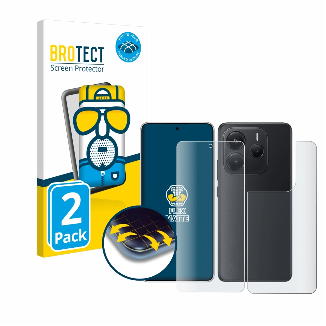 Front side of a product packaging with the brand logo BROTECT. Next to it is the device Xiaomi Redmi Note 14 (Front+Back) show