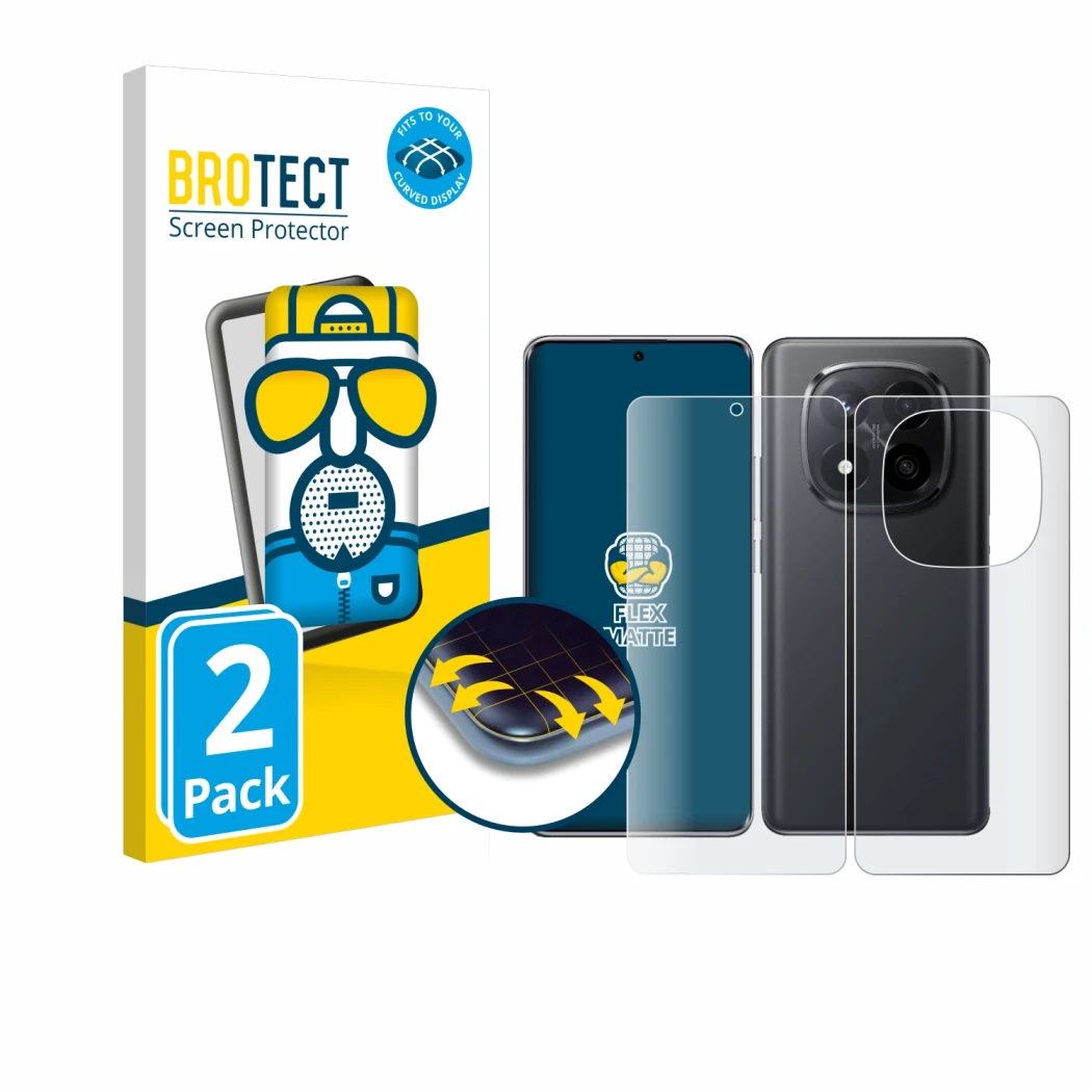 Front side of a product packaging with the brand logo BROTECT. Next to it is the device Xiaomi Redmi Note 14 Pro Plus (Front+B