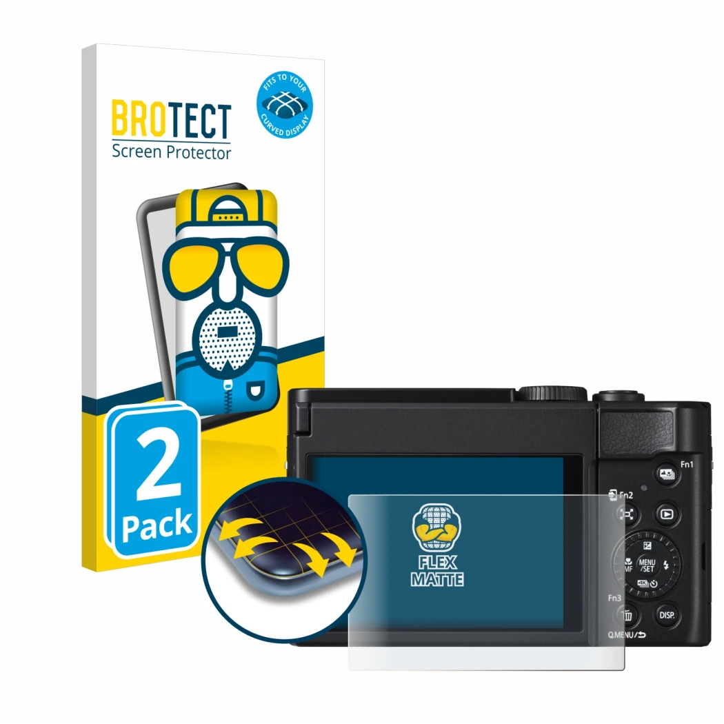 Front side of a product packaging with the brand logo BROTECT. Next to it is the device Panasonic Lumix DC-TZ99 shown with the