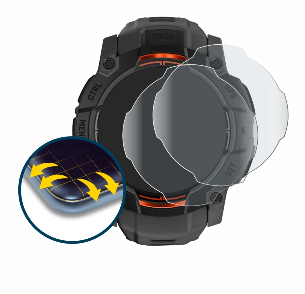 Image of the device Garmin Instinct 3 Solar (50 mm) with a wide variety of screen protectors.