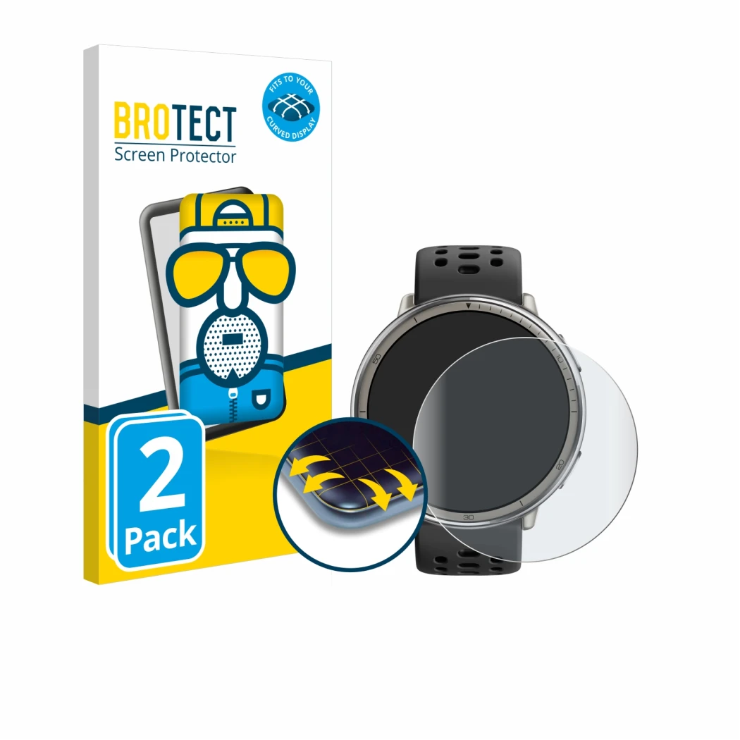 Front side of a product packaging with the brand logo BROTECT. Next to it is the device Amazfit Active 2 shown with the corres