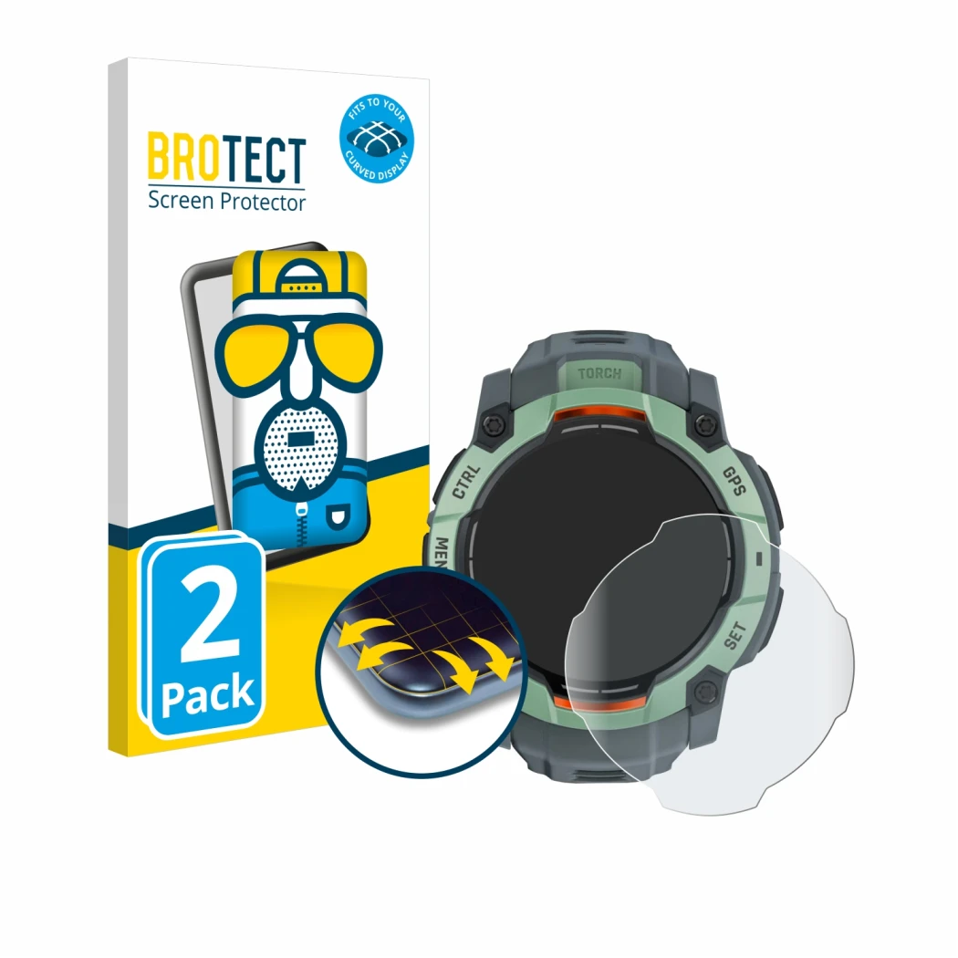 Front side of a product packaging with the brand logo BROTECT. Next to it is the device Garmin Instinct 3 AMOLED (45 mm) shown