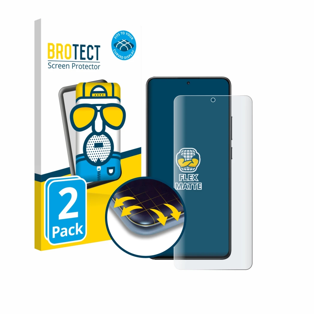 Front side of a product packaging with the brand logo BROTECT. Next to it is the device Xiaomi Poco X7 Pro shown with the corr