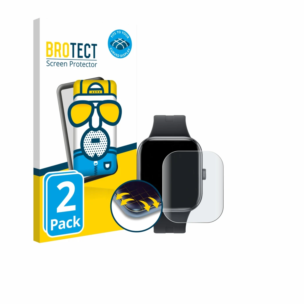 Front side of a product packaging with the brand logo BROTECT. Next to it is the device Xiaomi Redmi Watch 5 shown with the co