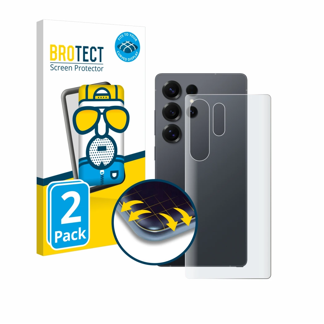 Front side of a product packaging with the brand logo BROTECT. Next to it is the device Samsung Galaxy S25 Ultra (Back) shown 