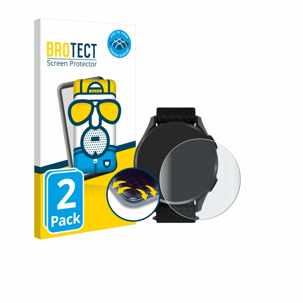 Front side of a product packaging with the brand logo BROTECT. Next to it is the device Garmin Approach S50 shown with the cor
