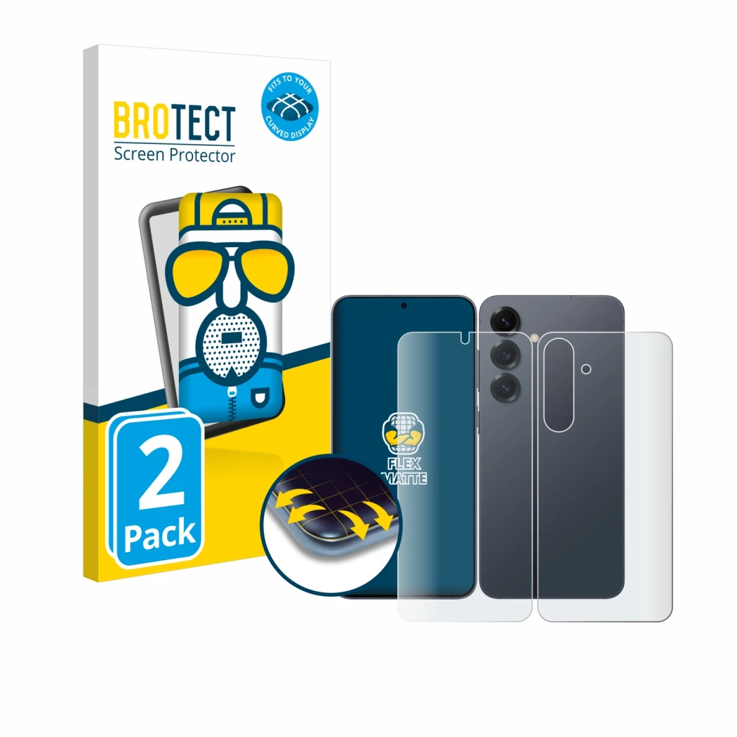 Front side of a product packaging with the brand logo BROTECT. Next to it is the device Samsung Galaxy S25 Plus (Front+Back) s