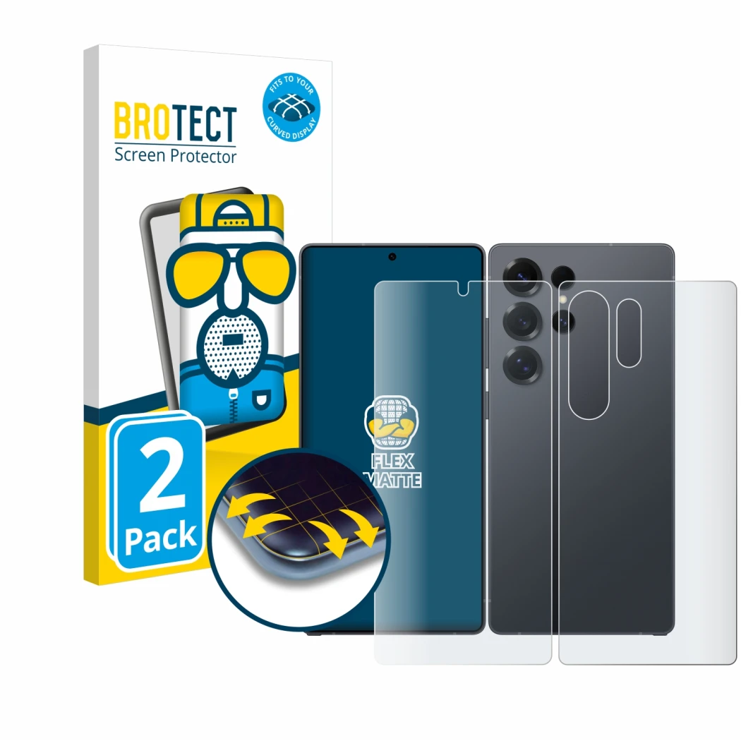 Front side of a product packaging with the brand logo BROTECT. Next to it is the device Samsung Galaxy S25 Ultra Enterprise Ed