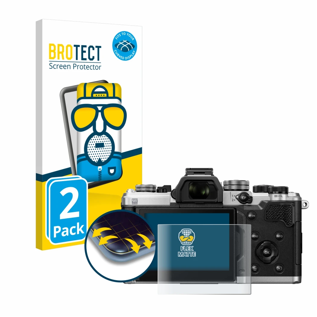 Front side of a product packaging with the brand logo BROTECT. Next to it is the device OM System OM-3 shown with the correspo