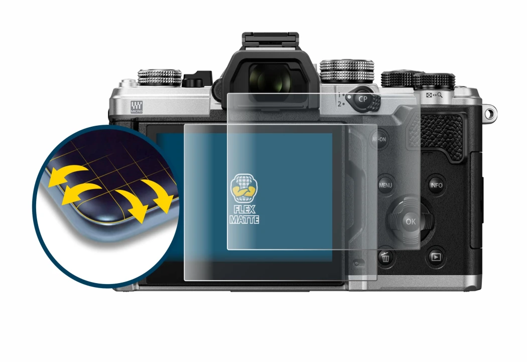 Image of the device OM System OM-3 with a wide variety of screen protectors.