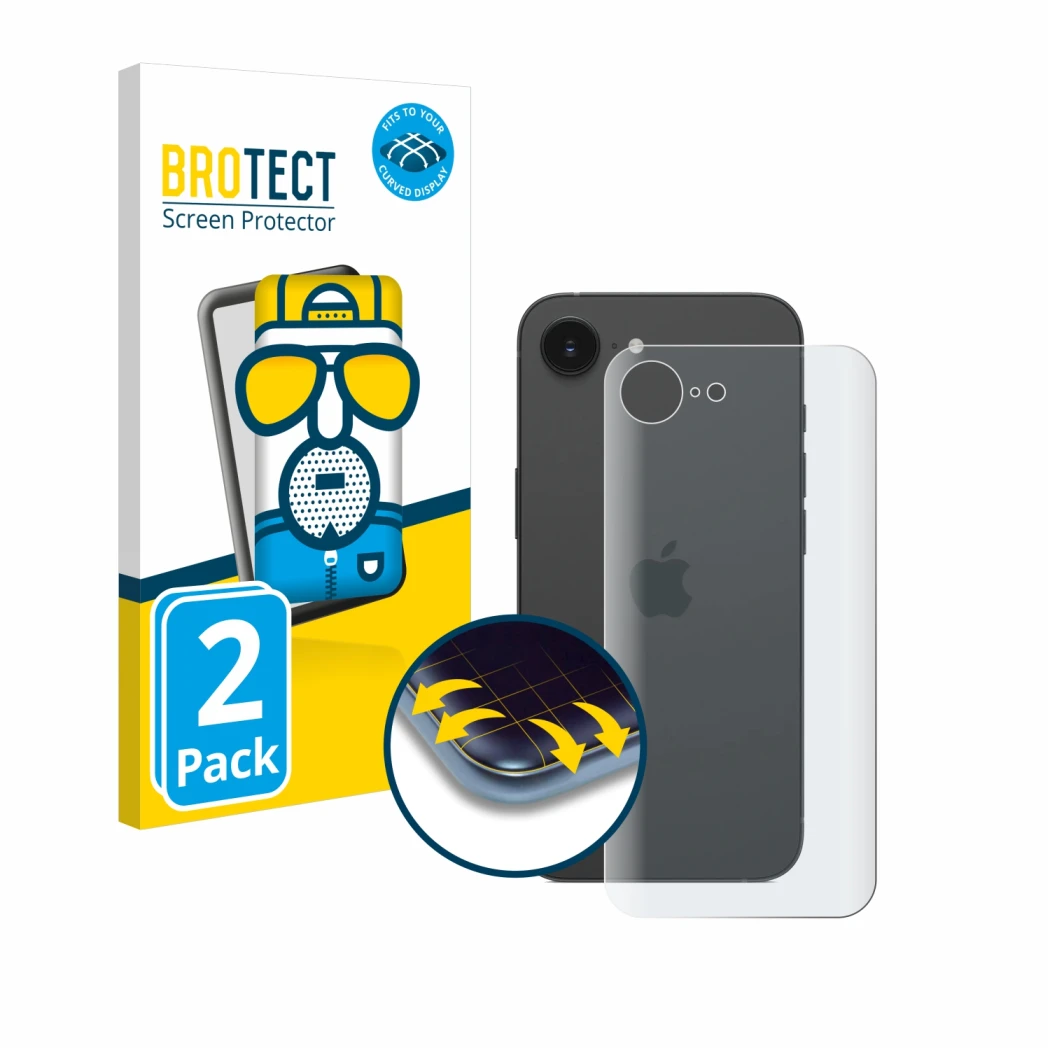 Front side of a product packaging with the brand logo BROTECT. Next to it is the device Apple iPhone 16e (Back) shown with the