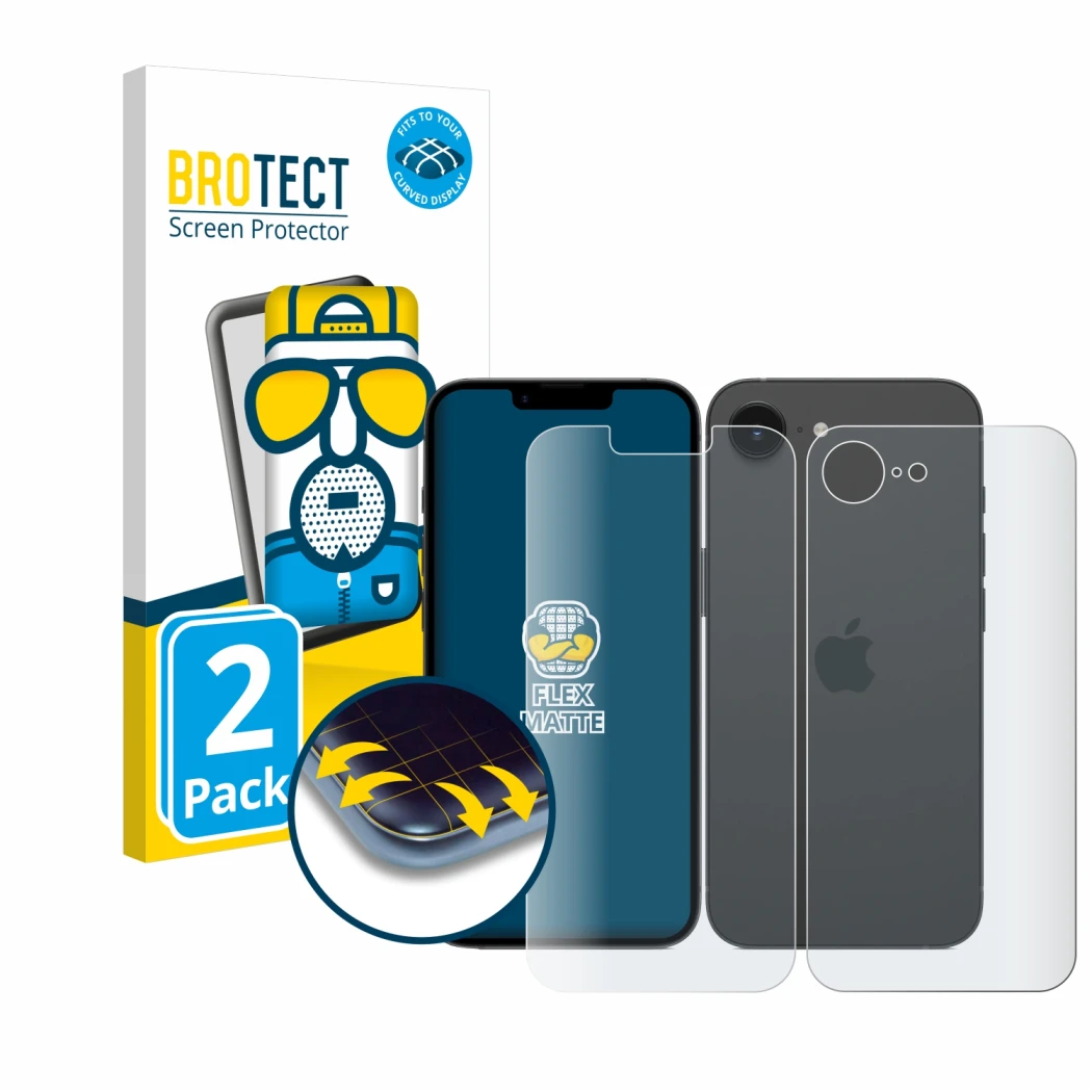 Front side of a product packaging with the brand logo BROTECT. Next to it is the device Apple iPhone 16e (Front+Back) shown wi