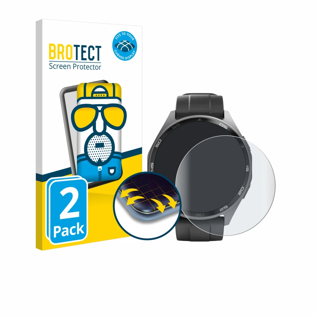 Front side of a product packaging with the brand logo BROTECT. Next to it is the device Hama Smartwatch 7010 shown with the co