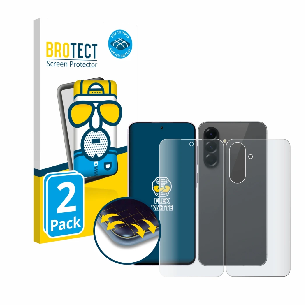 Front side of a product packaging with the brand logo BROTECT. Next to it is the device Samsung Galaxy A56 5G (Front+Back) sho