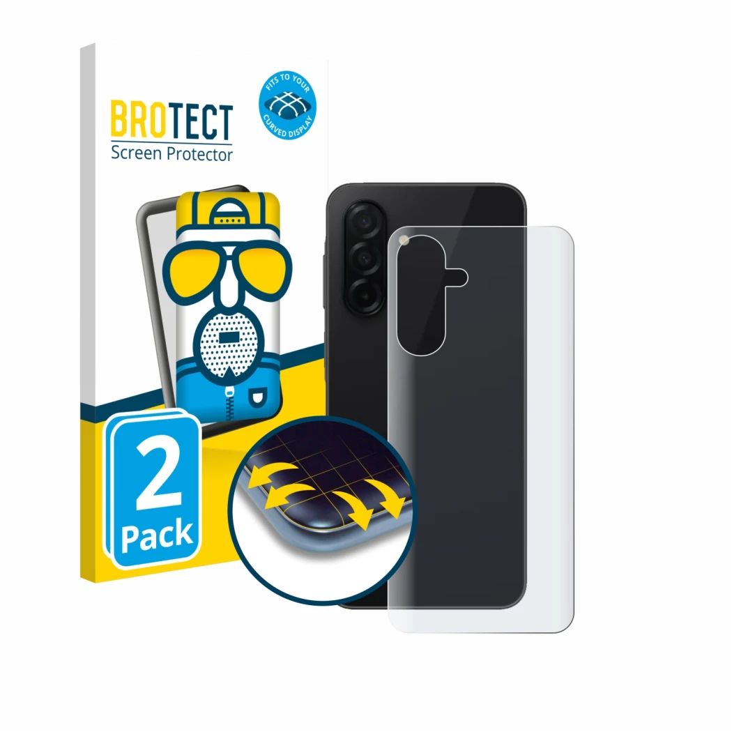 Front side of a product packaging with the brand logo BROTECT. Next to it is the device Samsung Galaxy A26 5G (Back) shown wit