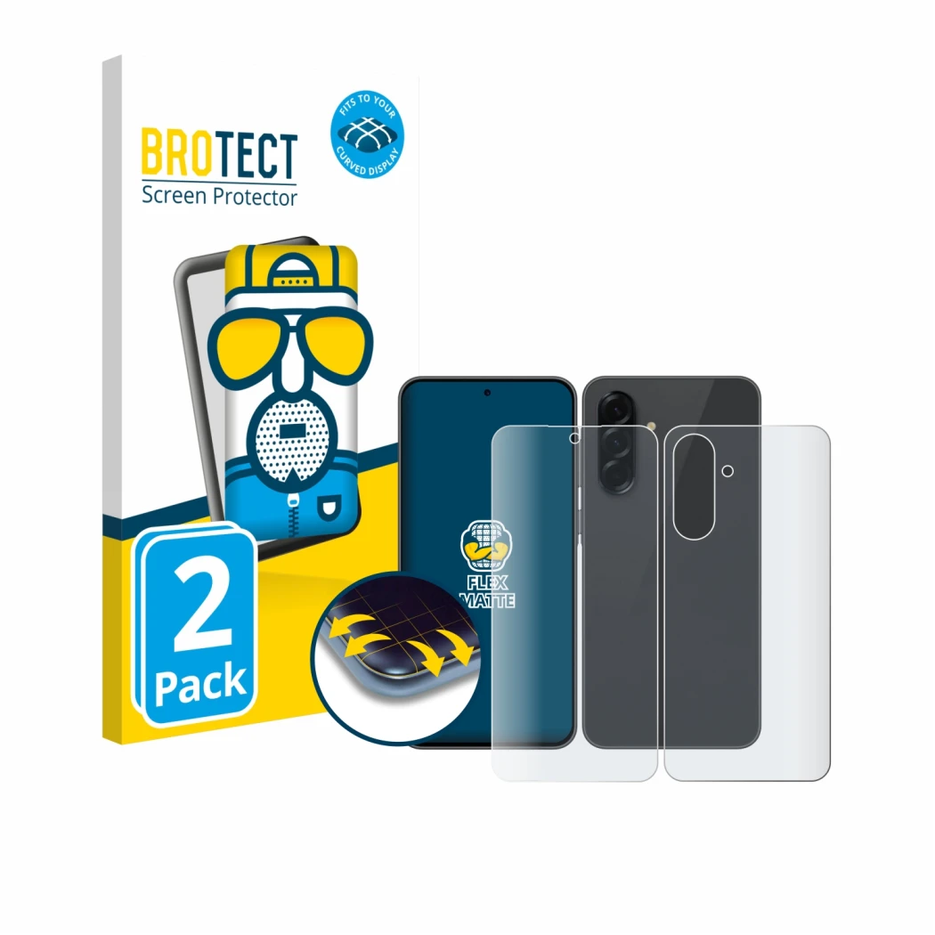 Front side of a product packaging with the brand logo BROTECT. Next to it is the device Samsung Galaxy A36 5G (Front+Back) sho