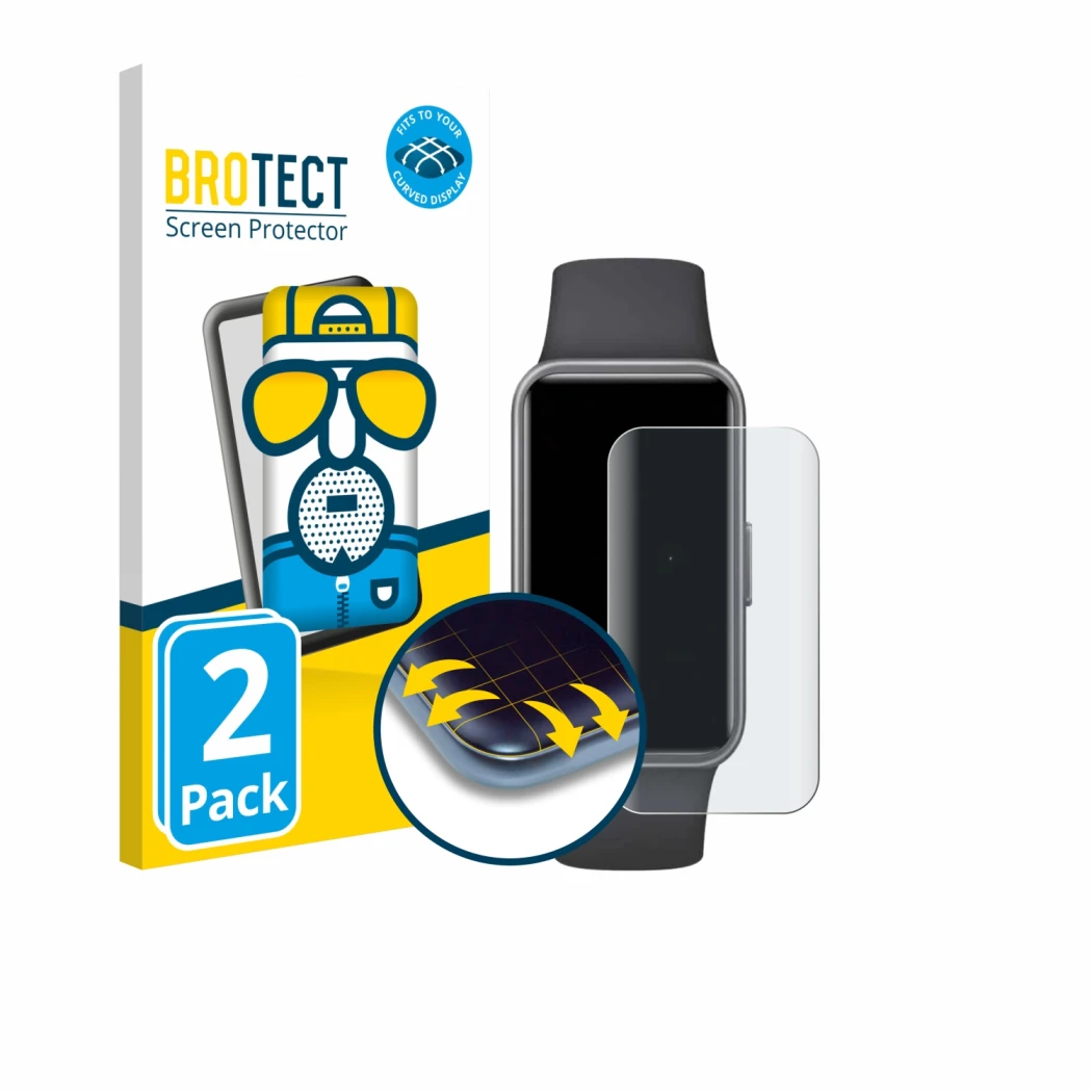 Front side of a product packaging with the brand logo BROTECT. Next to it is the device Huawei Band 10 shown with the correspo