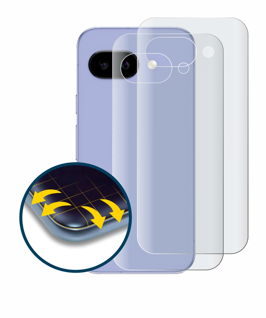 Image of the device Google Pixel 9a (Back) with a wide variety of screen protectors.