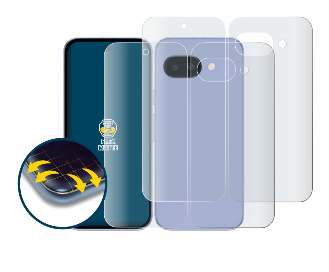 Image of the device Google Pixel 9a (Front+Back) with a wide variety of screen protectors.