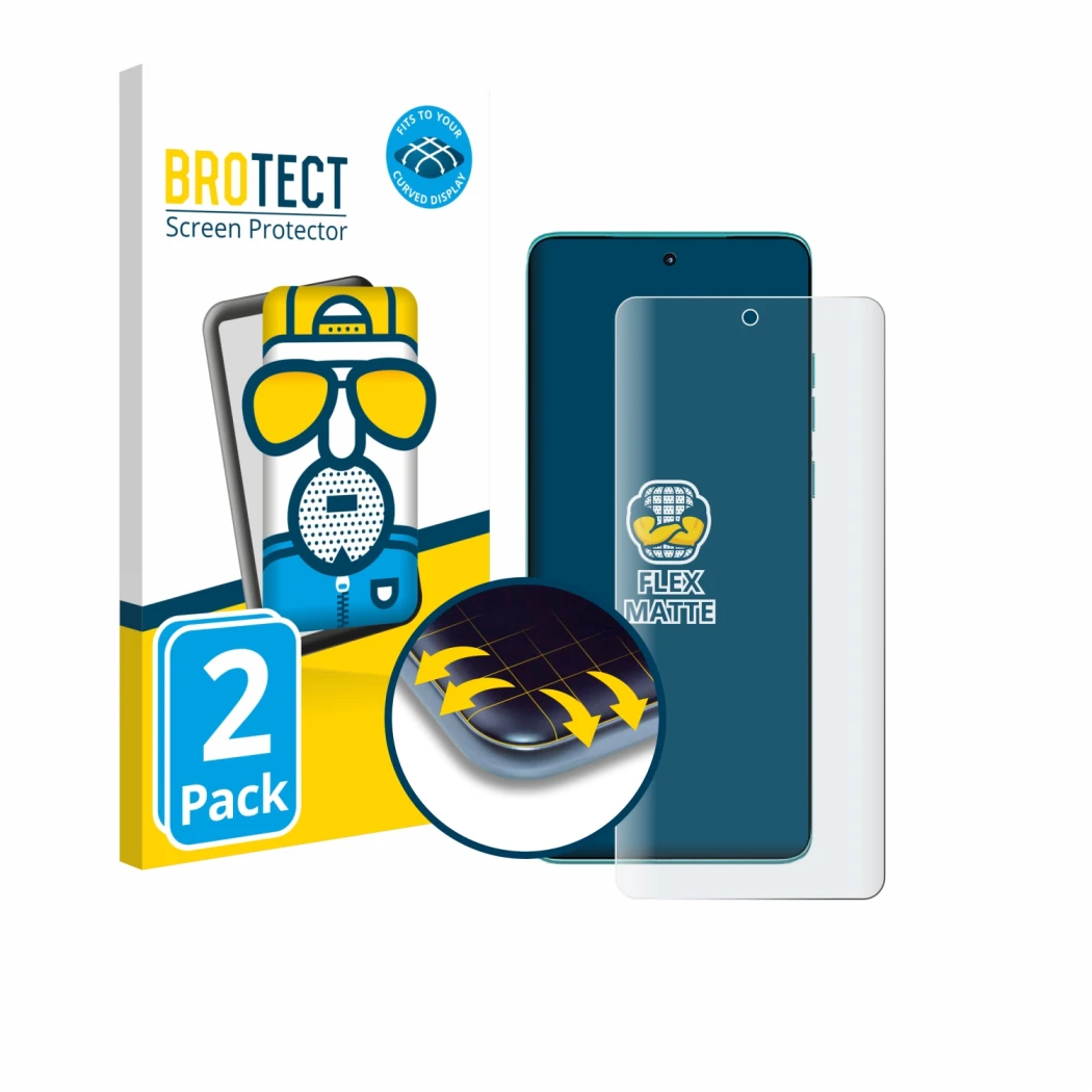 Front side of a product packaging with the brand logo BROTECT. Next to it is the device Motorola Edge 60 Fusion shown with the