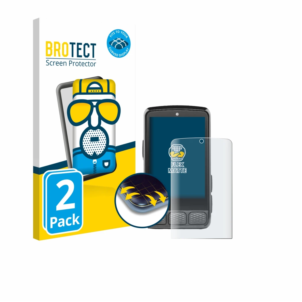 Front side of a product packaging with the brand logo BROTECT. Next to it is the device Wahoo Elemnt Roam V3 shown with the co