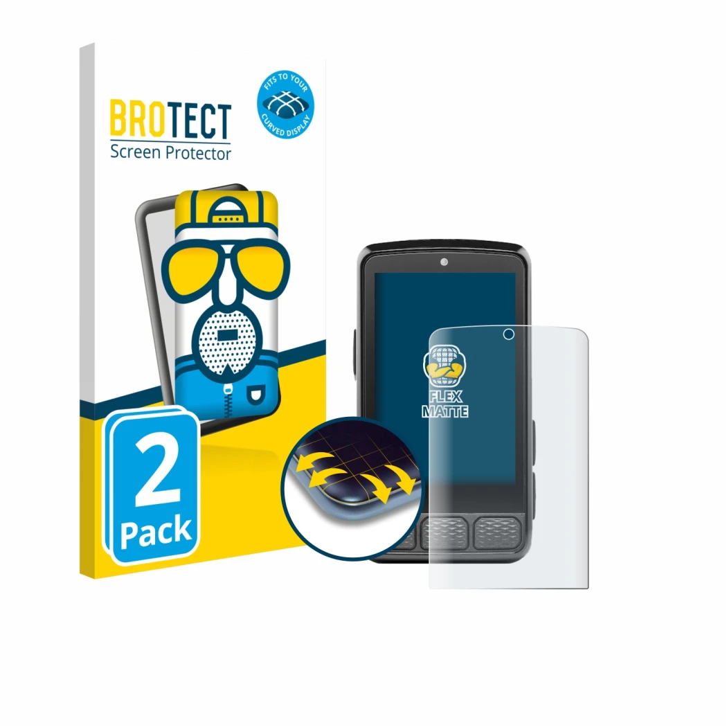 Front side of a product packaging with the brand logo BROTECT. Next to it is the device Wahoo Elemnt Roam 3 shown with the cor