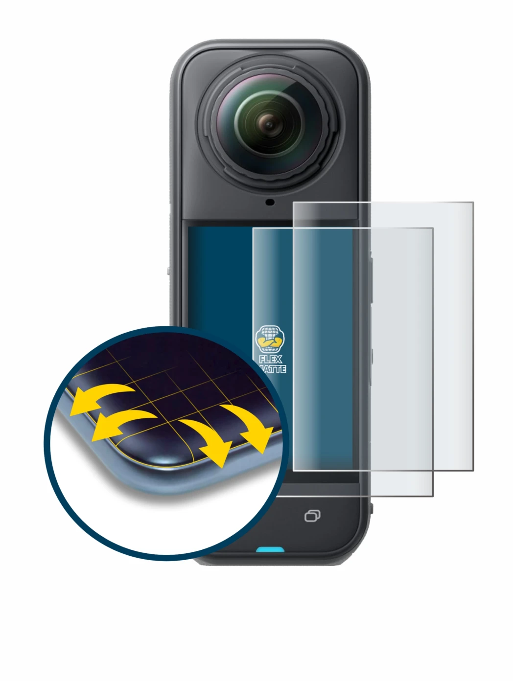 Image of the device Insta360 X5 with a wide variety of screen protectors.