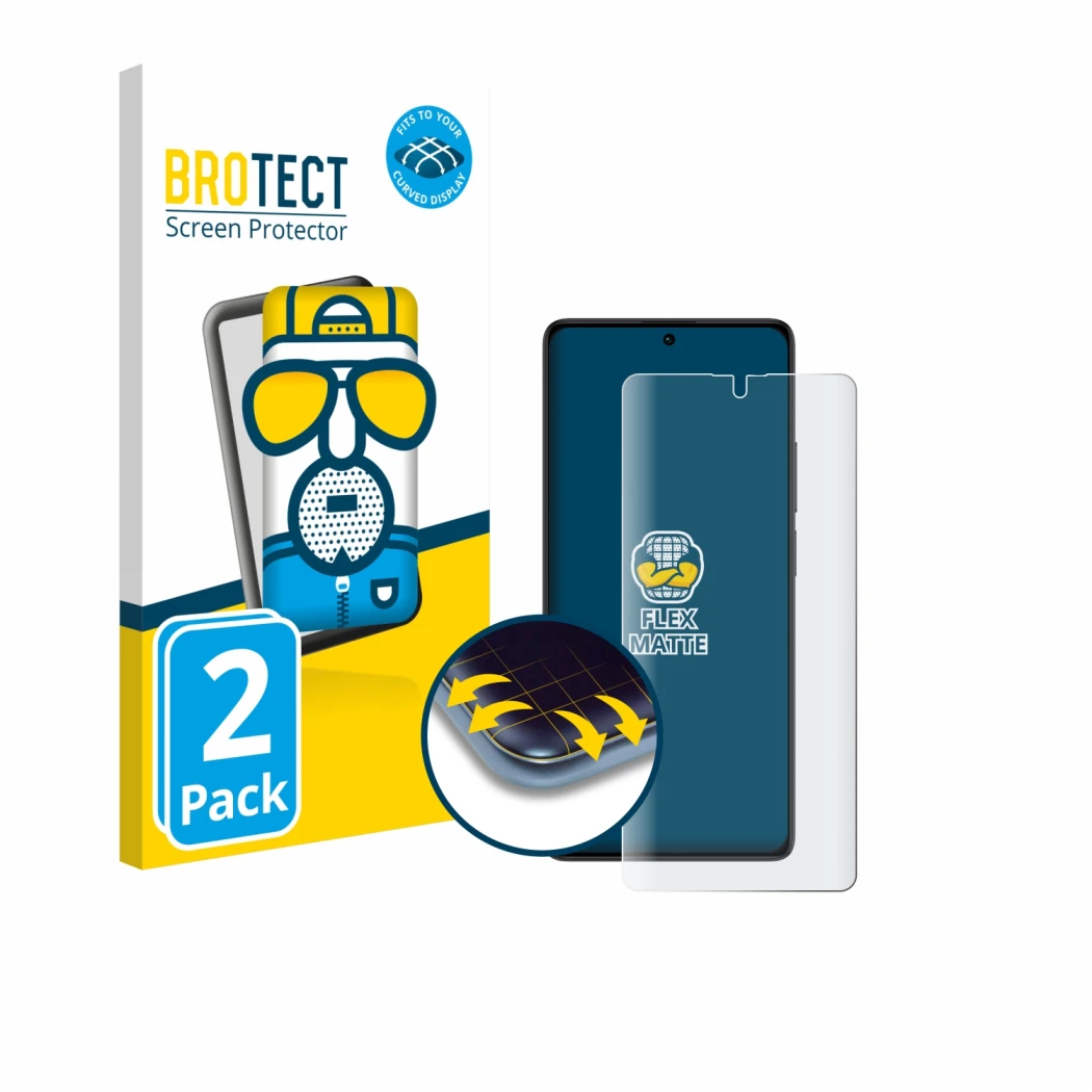 Front side of a product packaging with the brand logo BROTECT. Next to it is the device Xiaomi Poco M6 Pro 4G shown with the c