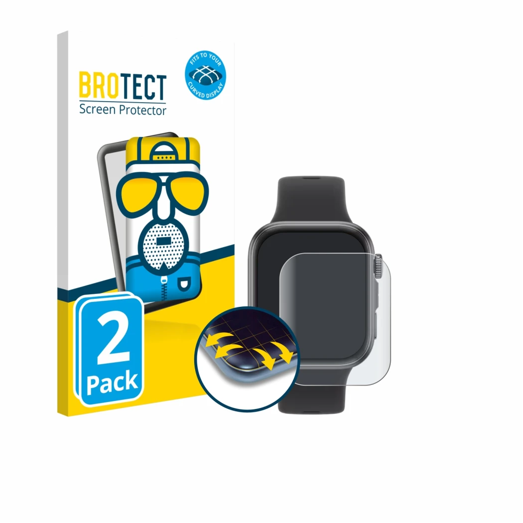 Front side of a product packaging with the brand logo BROTECT. Next to it is the device Huawei Watch Fit 4 shown with the corr
