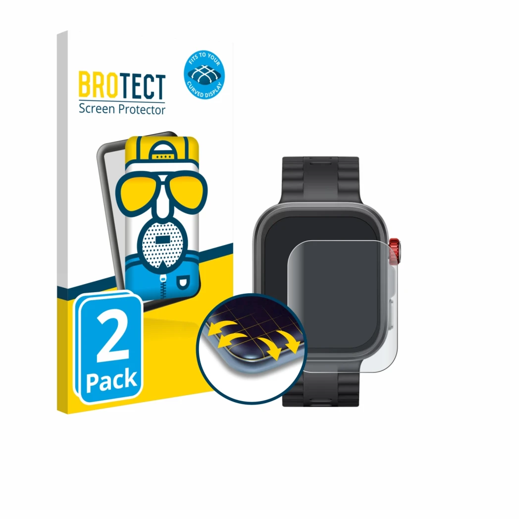 Front side of a product packaging with the brand logo BROTECT. Next to it is the device Huawei Watch Fit 4 Pro shown with the 