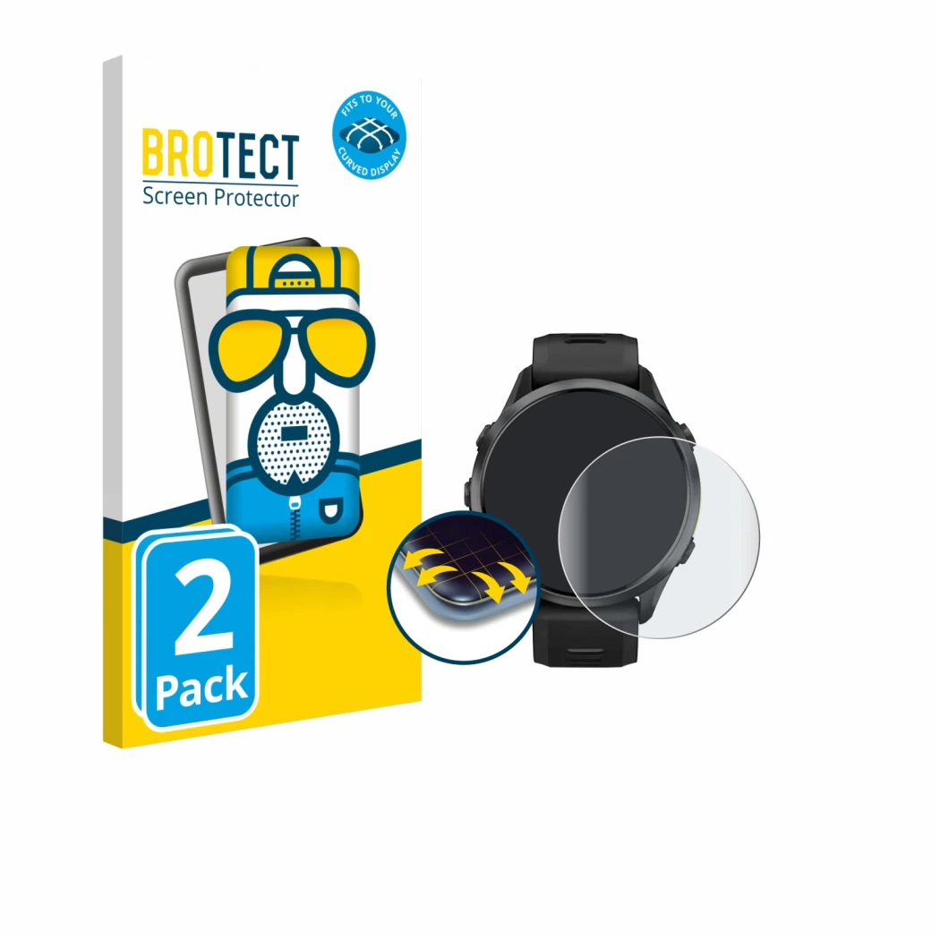 Front side of a product packaging with the brand logo BROTECT. Next to it is the device Garmin Forerunner 970 shown with the c