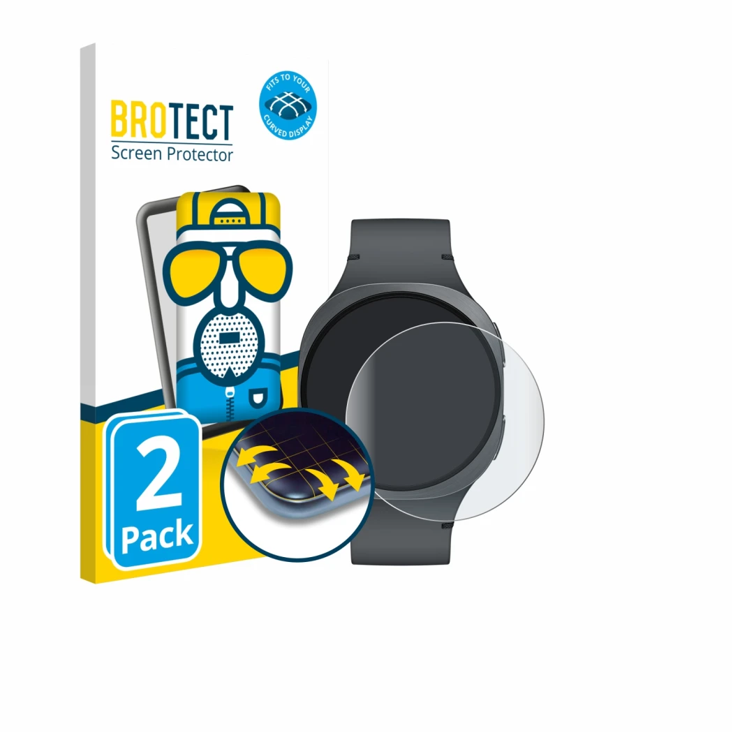 Front side of a product packaging with the brand logo BROTECT. Next to it is the device Samsung Galaxy Watch 8 (40 mm) shown w