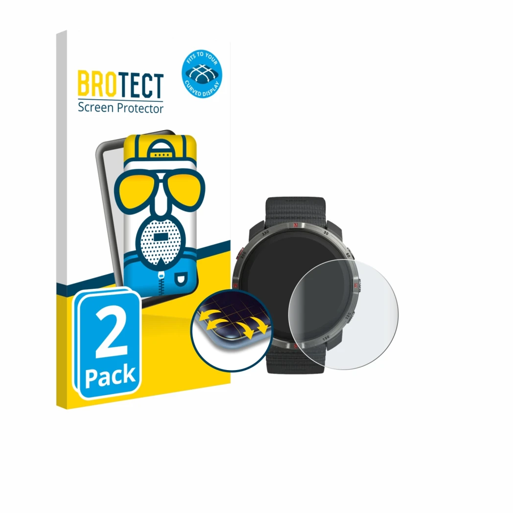 Front side of a product packaging with the brand logo BROTECT. Next to it is the device Polar Grit X2 shown with the correspon