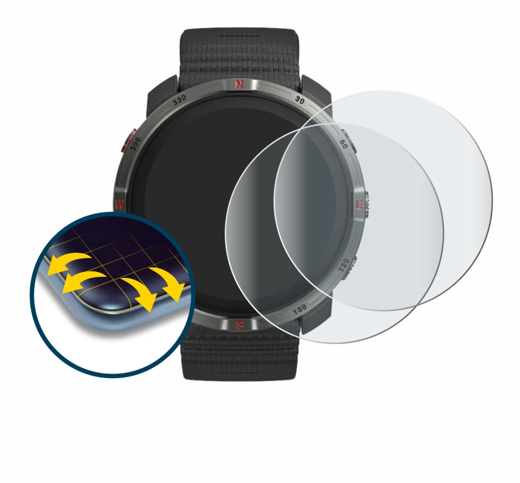 Image of the device Polar Grit X2 with a wide variety of screen protectors.