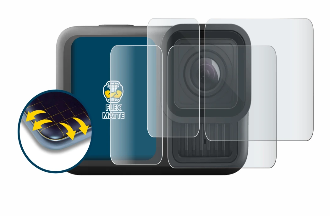 Image of the device GoPro Hero 13 Black Ultra Wide Edition with a wide variety of screen protectors.