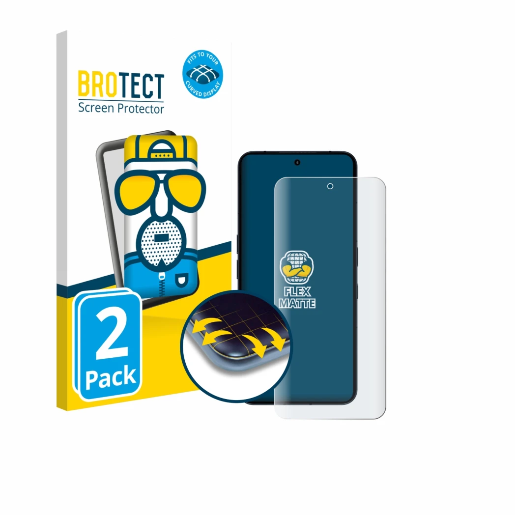 Front side of a product packaging with the brand logo BROTECT. Next to it is the device Nothing Phone (3) shown with the corre