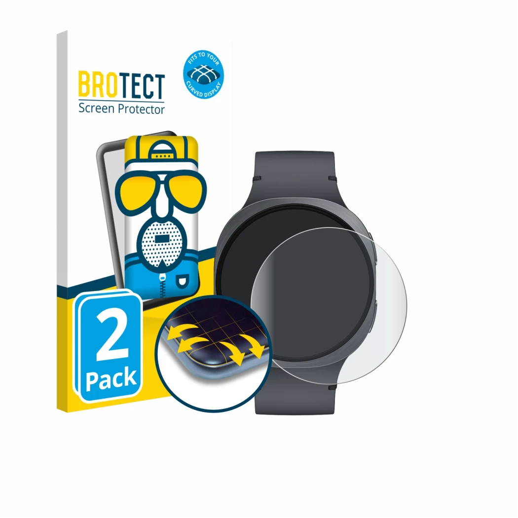 Front side of a product packaging with the brand logo BROTECT. Next to it is the device Samsung Galaxy Watch 8 (44 mm) shown w