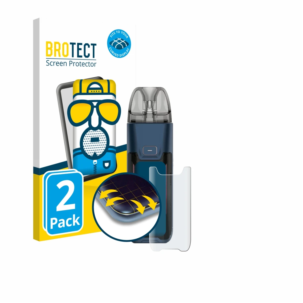 Front side of a product packaging with the brand logo BROTECT. Next to it is the device Vaporesso Luxe XR Max 2 shown with the