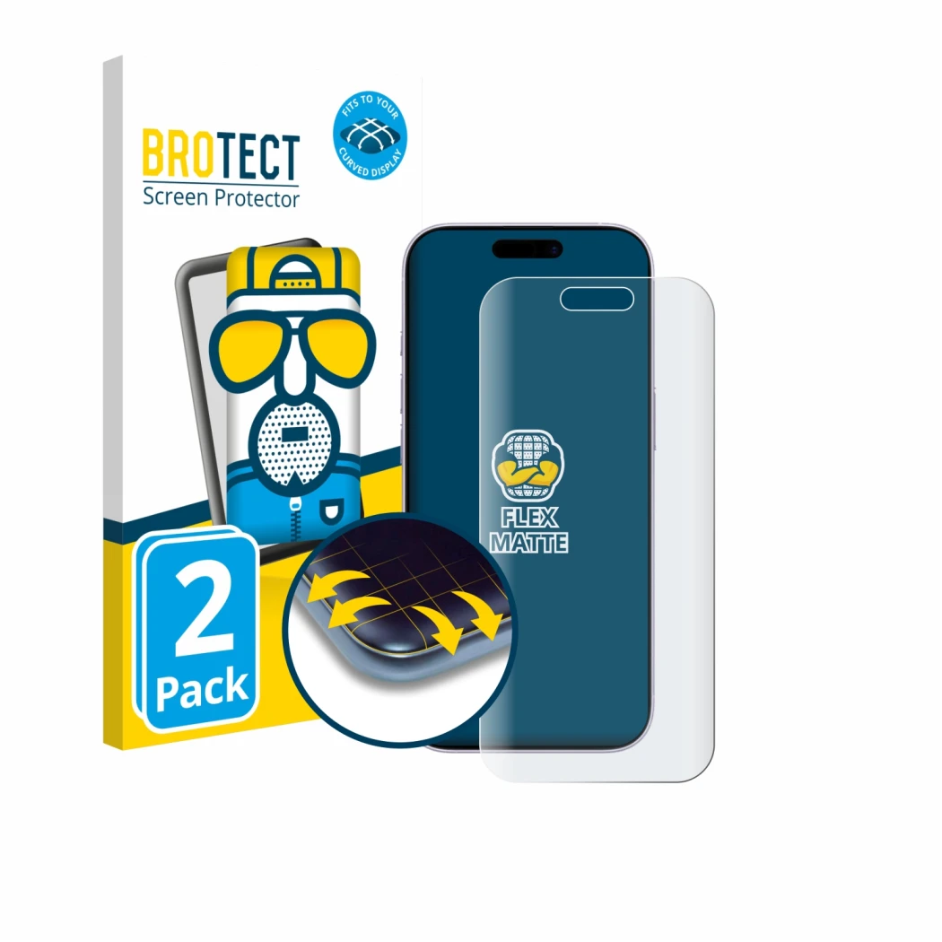 Front side of a product packaging with the brand logo BROTECT. Next to it is the device Apple iPhone 17 shown with the corresp