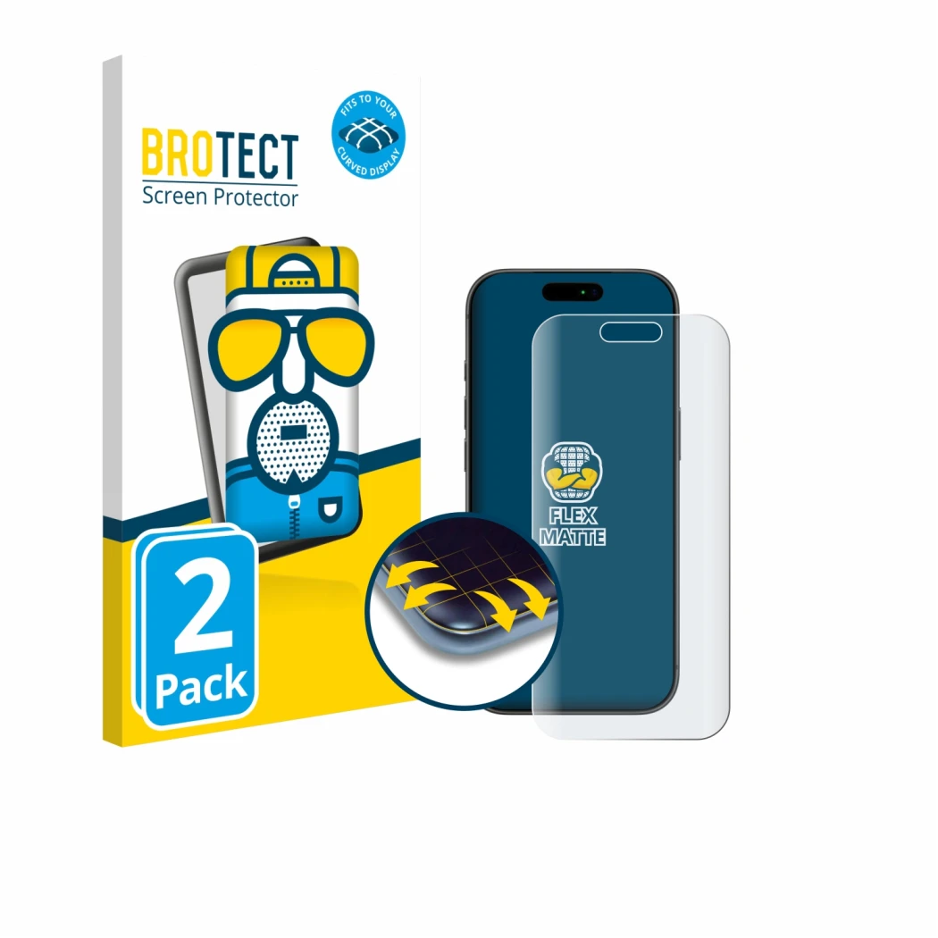 Front side of a product packaging with the brand logo BROTECT. Next to it is the device Apple iPhone 17 Pro shown with the cor