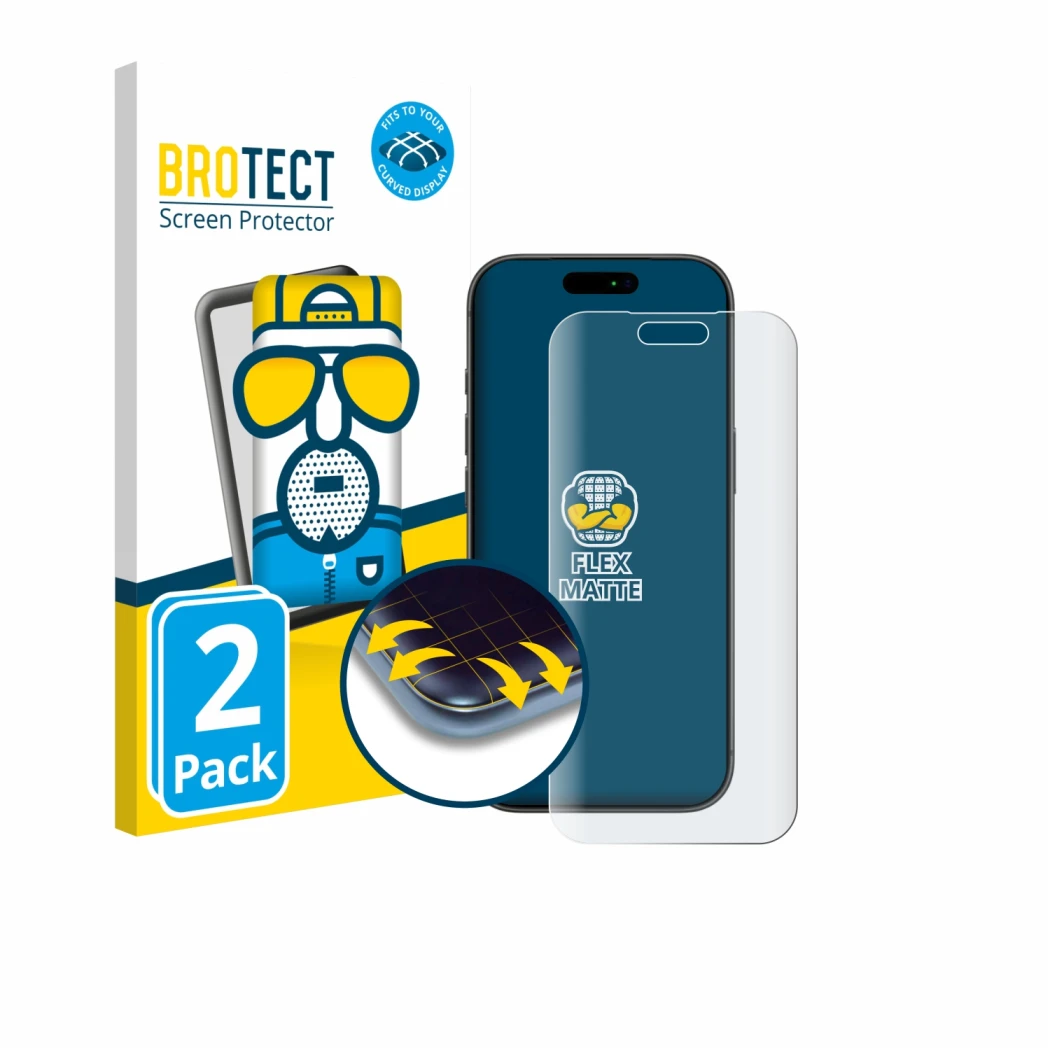 Front side of a product packaging with the brand logo BROTECT. Next to it is the device Apple iPhone 17 Pro Max shown with the