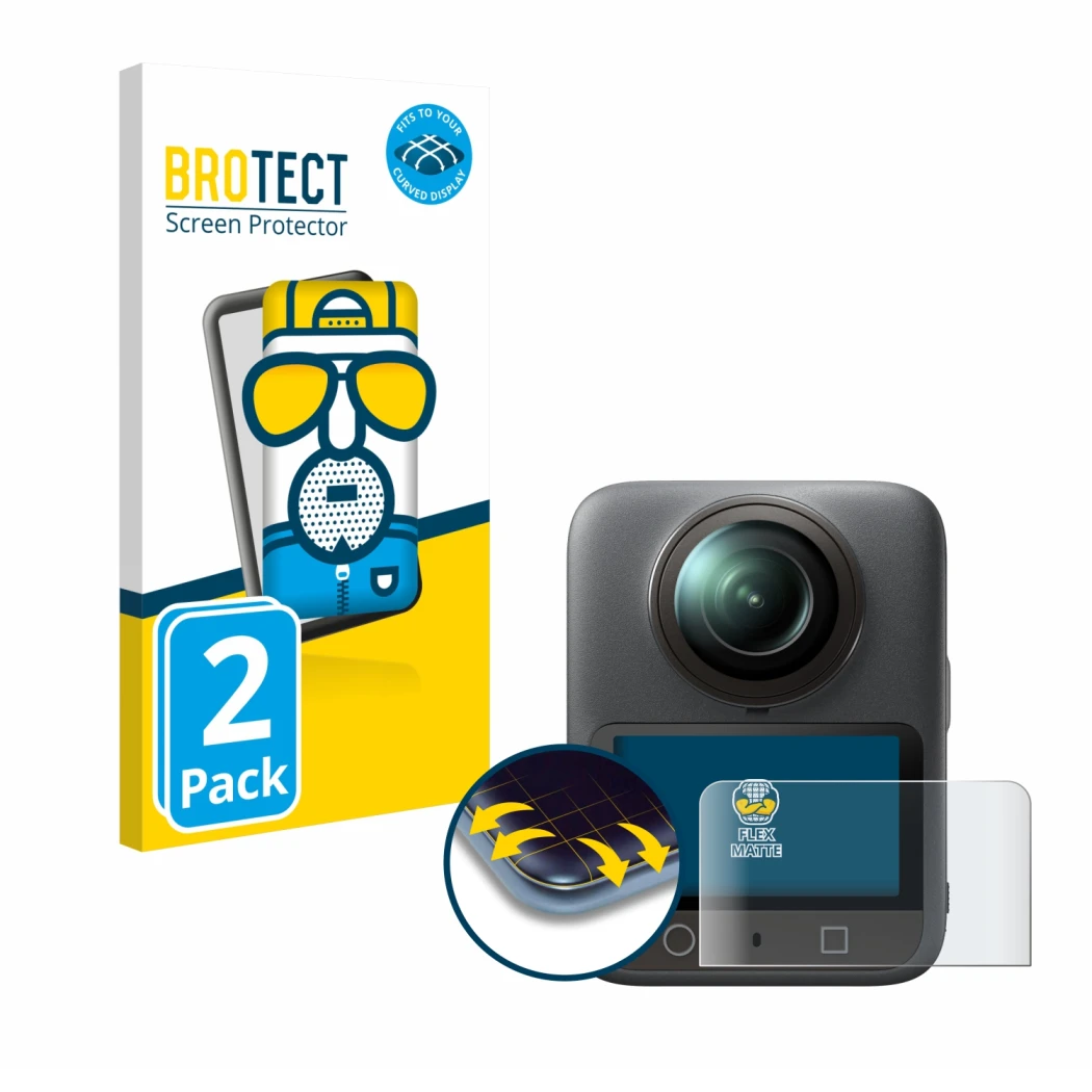 Front side of a product packaging with the brand logo BROTECT. Next to it is the device DJI Osmo 360 shown with the correspond