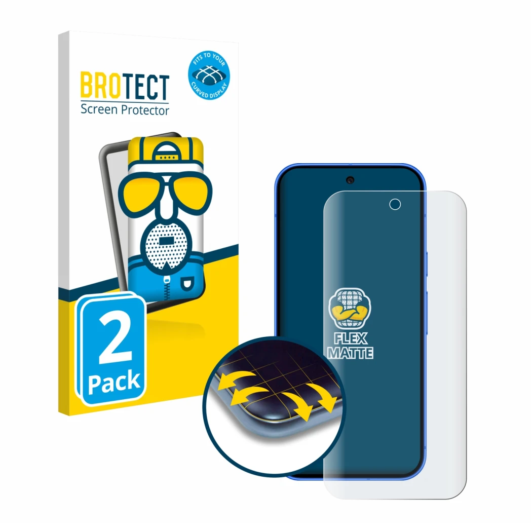 Front side of a product packaging with the brand logo BROTECT. Next to it is the device Google Pixel 10 shown with the corresp