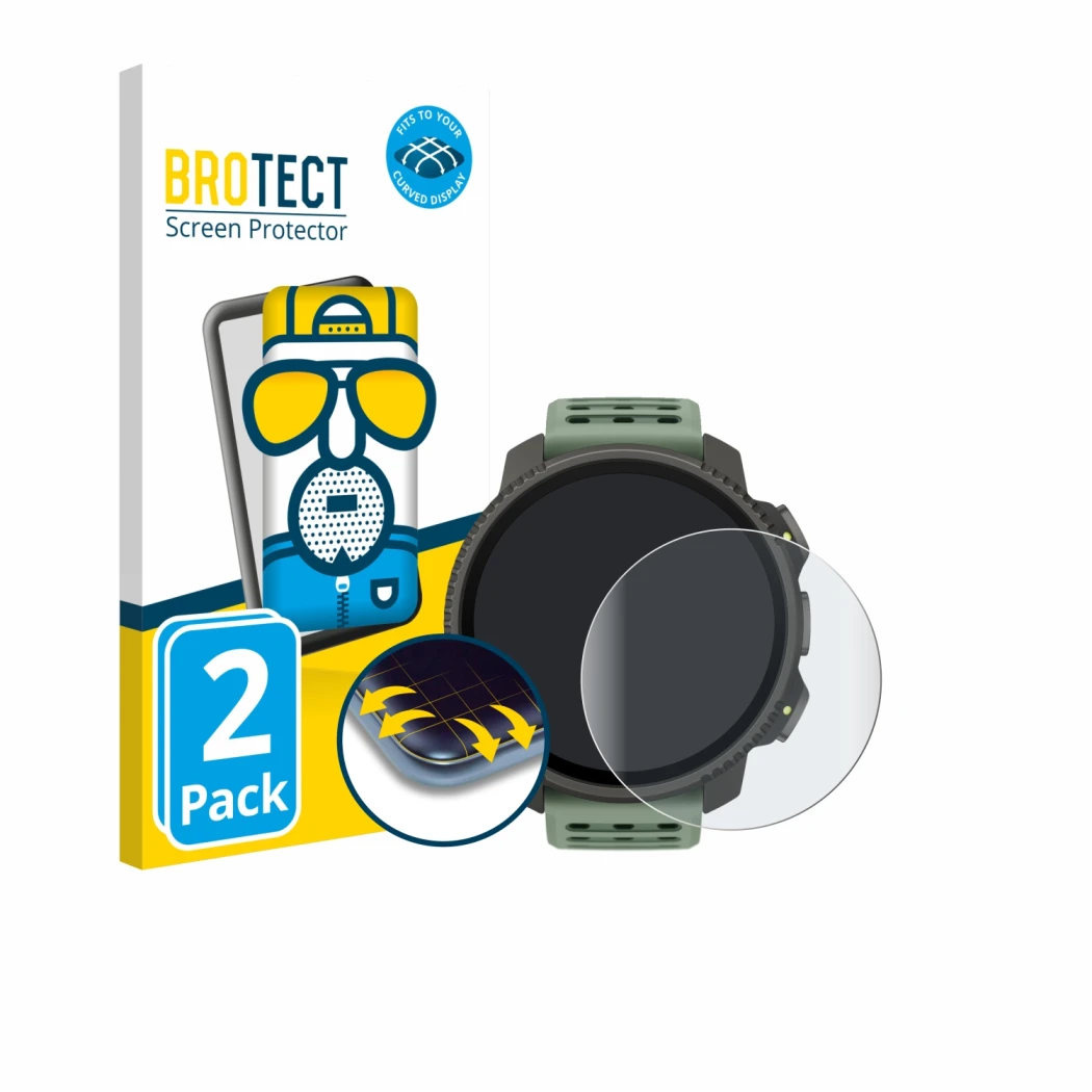 Front side of a product packaging with the brand logo BROTECT. Next to it is the device Suunto Vertical 2 shown with the corre