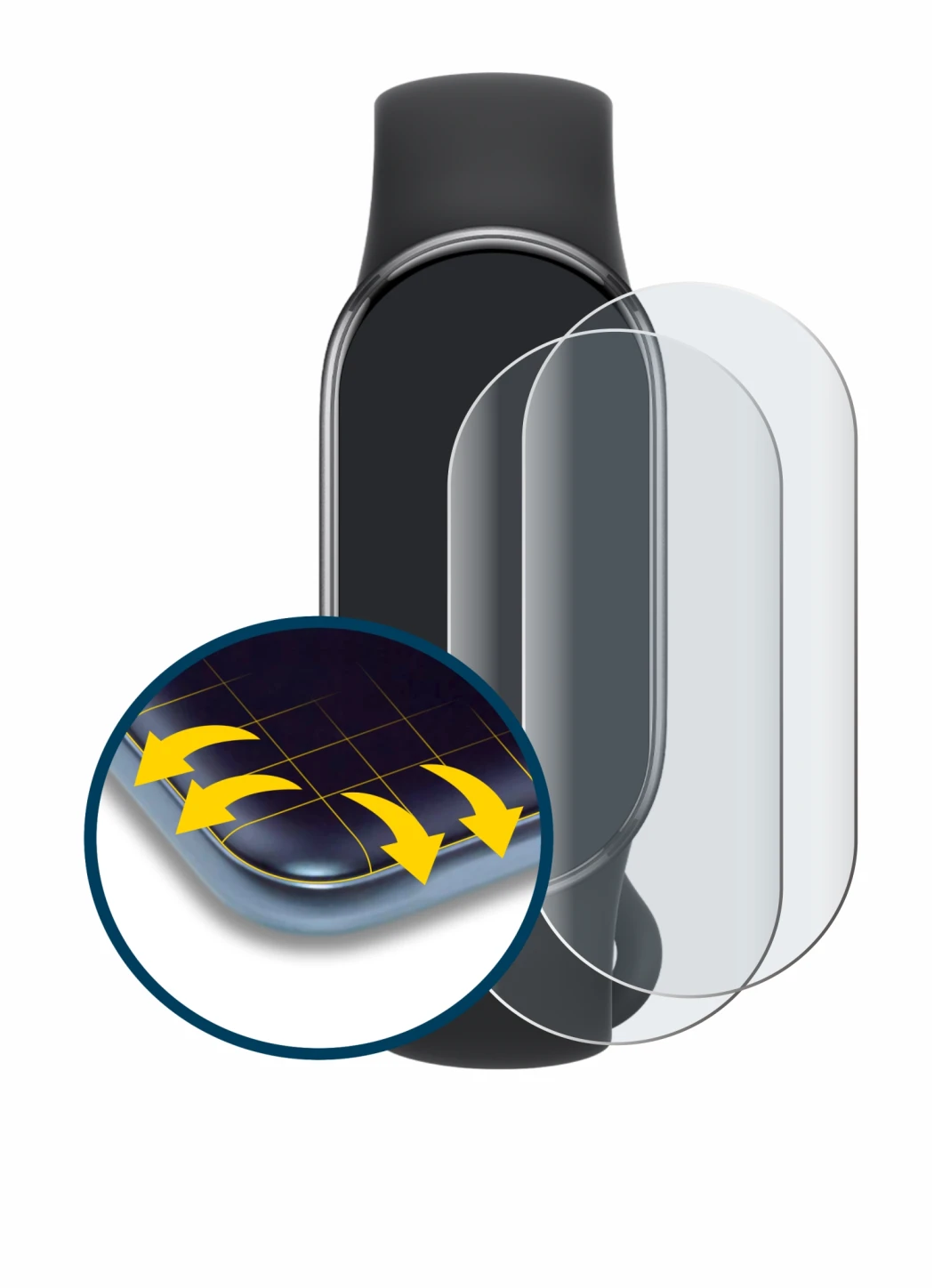 Image of the device Xiaomi Smart Band 10 with a wide variety of screen protectors.